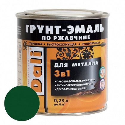 DALI Грунт-эмаль по рж 3в1 гладкая 0,23 л R6005 зеленый мох DALI Грунт-эмаль по рж 3в1 гладкая 0,23 л R6005 зеленый мох